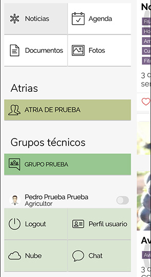 Pantalla del menú de la app de Aprogip